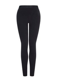 Zwarte leggings met een gladde textuur, elastische tailleband en een aansluitend ontwerp dat tot aan de enkels reikt. Geen zichtbare patronen of accenten.
