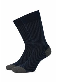 Granatowe skarpetki z cienkimi poziomymi paskami, wzmocnione szare palce i pięta, ściągacz dla dodatkowego komfortu i wsparcia.