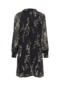 Vestito nero a fiori con maniche lunghe trasparenti, polsini arricciati e scollatura rotonda. Presenta motivi floreali in bianco e azzurro chiaro.