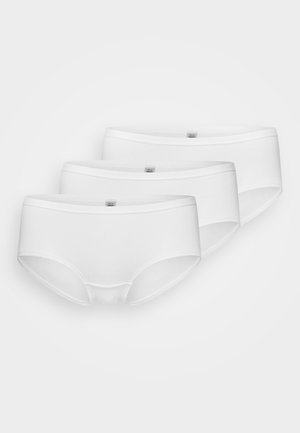 Three pairs of white cotton hipster briefs with smooth seams and elasticized waistbands, featuring minimal design and no patterns.