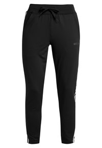 Black athletic joggers made of smooth fabric, featuring side pockets, a drawstring waist, and white accent stripes along the sides.