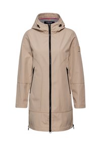 Veste beige résistante à l'eau avec capuche, fermeture éclair à l'avant et deux poches latérales. Présente des fermetures éclair et des détails de coutures noirs en contraste.