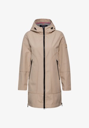 Beige wasserabweisende Jacke mit Kapuze, vorderem Reißverschluss und zwei Seitentaschen. Verfügt über kontrastierende schwarze Reißverschlüsse und Nähte.