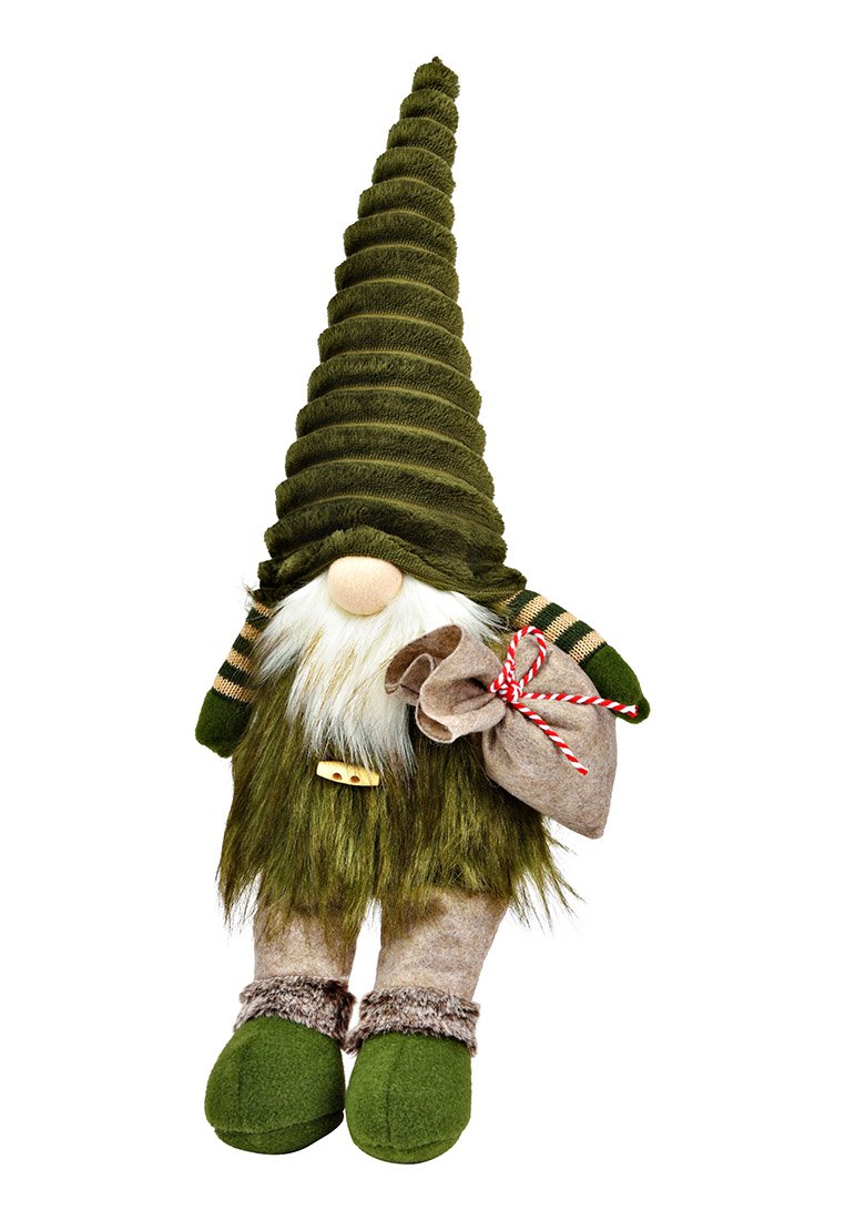 Gnome en tissu vert avec un grand chapeau spirale, une barbe blanche duveteuse et un nez rond. Tient un petit sac attaché avec une corde rouge et blanche.