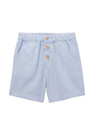 Shorts rayés verticalement bleu et blanc avec une ceinture élastique, trois boutons marron et des poches latérales, posés à plat sur un fond blanc.