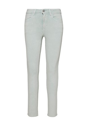 Jasnoszare, dopasowane jeansy z przodu zapinane na guzik i zamek błyskawiczny, z kieszeniami z przodu i z tyłu oraz szlufkami na pasek.