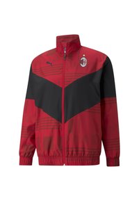 Rote und schwarze Jacke mit hohem Kragen, durchgehendem Reißverschluss, strukturierten Mustern und einem auffälligen Logo. Elastische Bündchen und Saum für eine optimale Passform.