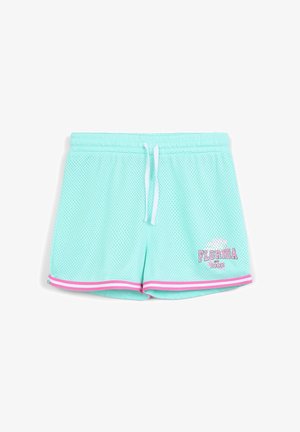 Siatkowe spodenki sportowe w jasnej mięcie z białym sznurkiem. Zawierają różowe paski oraz grafikę "FLORYDA 1982" po lewej stronie.