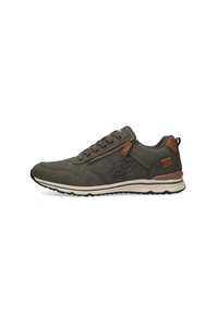 Dunkelgrüner, lässiger Sneaker mit einem strukturierten Lederobermaterial, braunen Akzenten, Schnürung und einem seitlichen Reißverschluss. Gummisohle mit strukturiertem Profil.