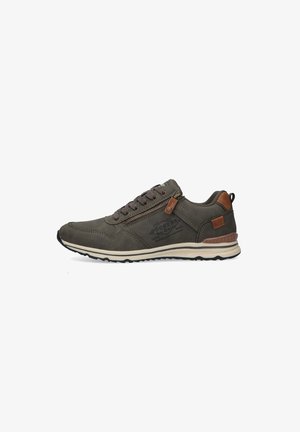 Dunkelgrüner, lässiger Sneaker mit einem strukturierten Lederobermaterial, braunen Akzenten, Schnürung und einem seitlichen Reißverschluss. Gummisohle mit strukturiertem Profil.