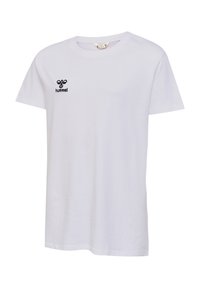 Hvid bomulds t-shirt med rund hals og korte ærmer. Udsmykket med et sort "hummel" logo på venstre brystområde.
