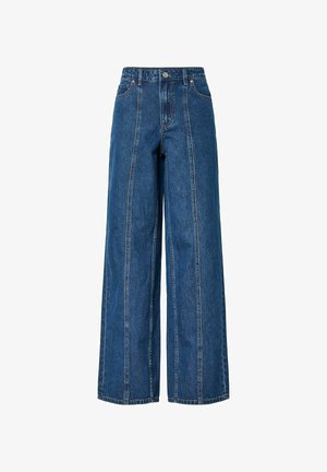 Blå højtaljede vide jeans med frontssømsdetaljer, bæltestropper, knaplukning og fem-lomme-design.