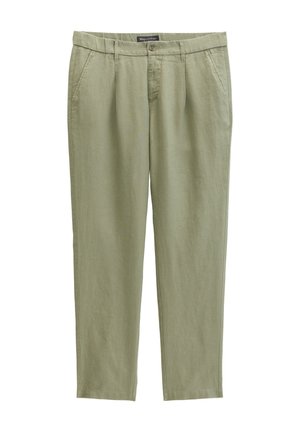 Pantaloni verde chiaro a gamba dritta con passanti per cintura, chiusura frontale con bottone e cerniera, e tasche laterali, distesi su uno sfondo bianco.