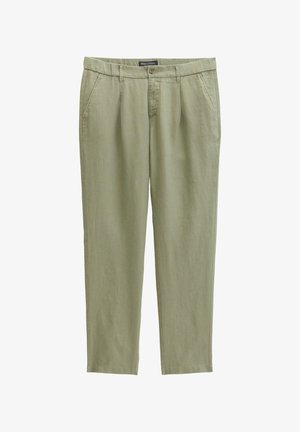 Hellgrüne, gerade geschnittene Hose mit Gürtelschlaufen, vorderem Knopf- und Reißverschluss sowie Seitentaschen, flach auf einem weißen Hintergrund liegend.