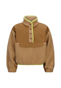 Pullover in pile marrone con colletto alto, chiusura a bottoni a pressione e rifiniture in verde neon. Presenta una tasca frontale e un logo ricamato.