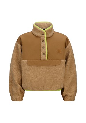 Brauner Fleece-Pullover mit hohem Kragen, Druckknopfverschluss und neongrünen Akzenten. Verfügt über eine Fronttasche und ein gesticktes Logo.