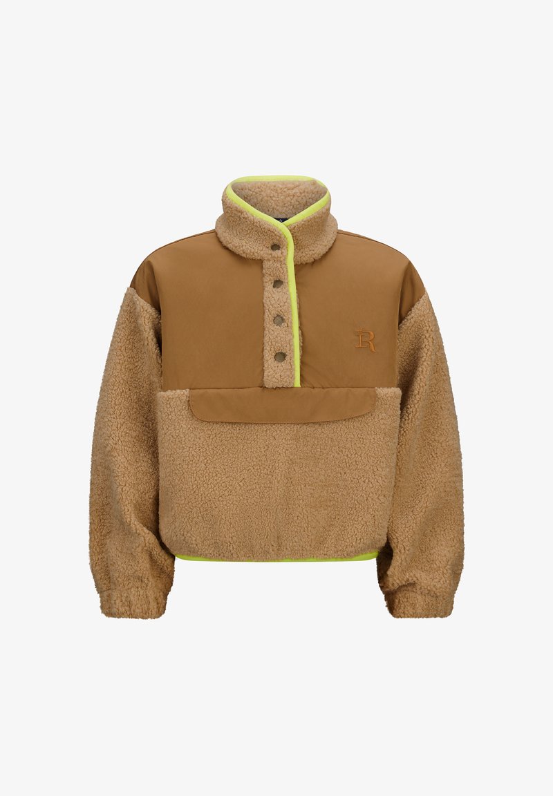 Pullover in pile marrone con colletto alto, chiusura a bottoni a pressione e rifiniture in verde neon. Presenta una tasca frontale e un logo ricamato.