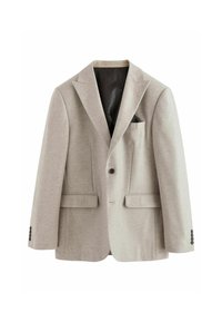Helles graues Blazer aus strukturiertem Stoff, mit Reverskragen, zwei frontalen Taschen, einem Ein-Knopf-Verschluss und einem gemusterten Innenfutter.