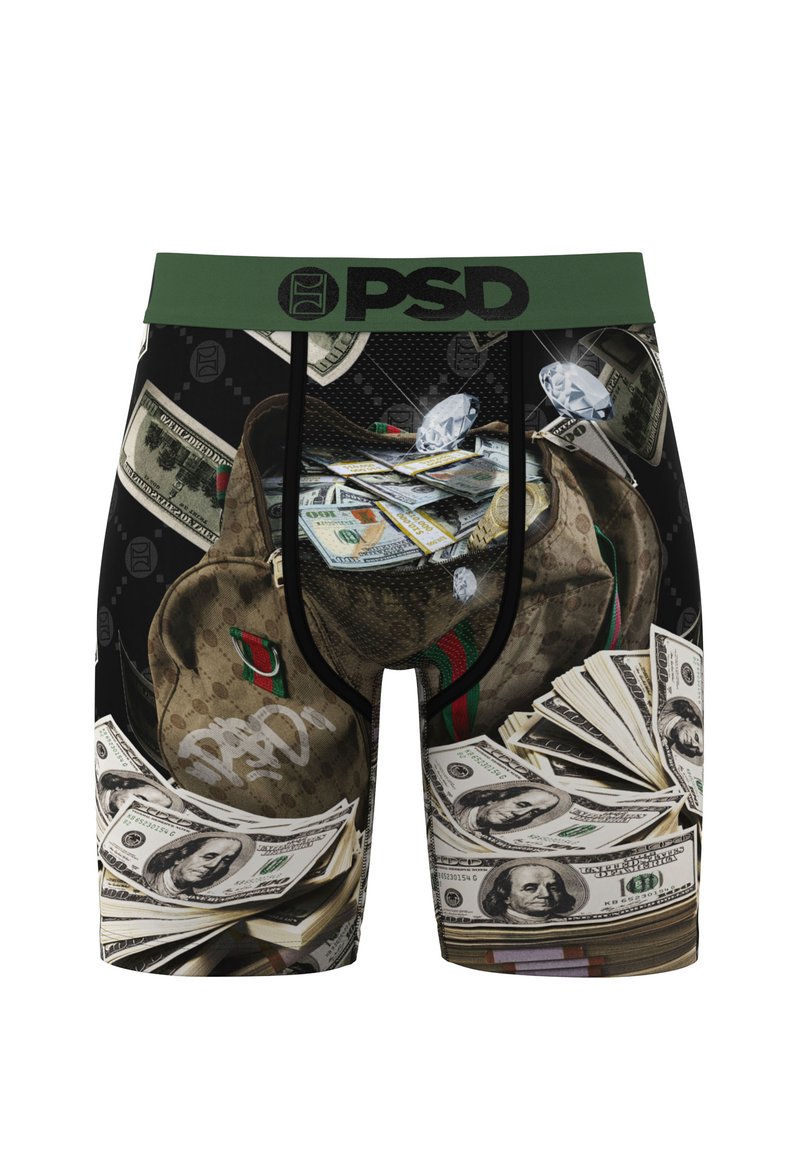 Men's boxer briefs featuring a black background with a print of money and a designer bag. Green waistband with "PSD" logo. Soft fabric.
