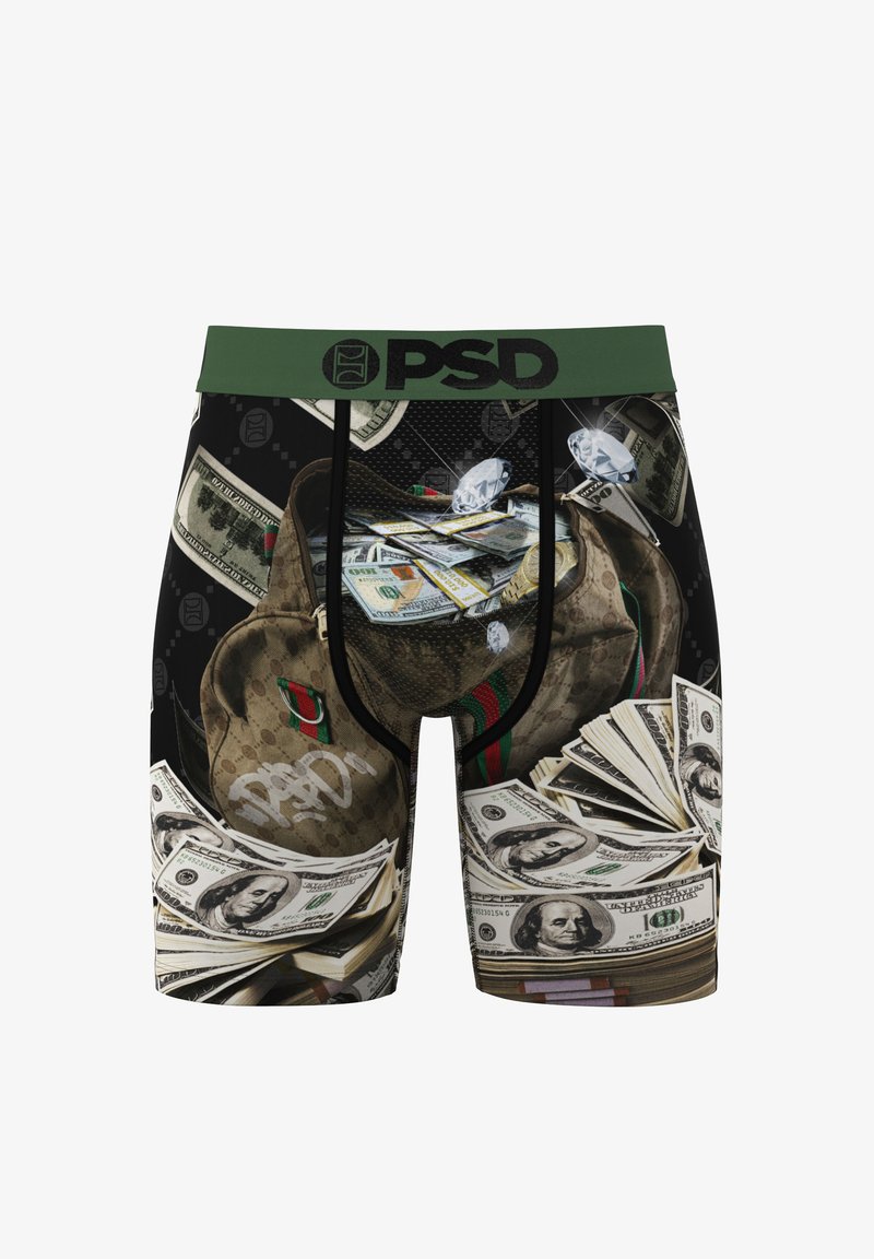 Herren-Boxershorts mit schwarzem Hintergrund, bedruckt mit Geldscheinen und einer Designer-Tasche. Grüner Taillenbund mit "PSD"-Logo. Weicher Stoff.