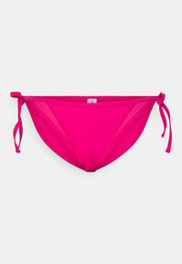 Parte de baixo de biquíni rosa com laços ajustáveis de cada lado, feita de um material suave e elástico, apresentando um design básico e bordas sem costura.