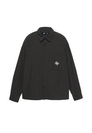 Black checkered shirt made of fabric with a relaxed fit. Features a patch pocket and a small white logo on the chest. Button-up design.