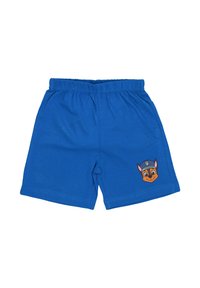 Pantaloni corti blu per bambini con vita elastica e un piccolo cane dei cartoni animati con un cappello da poliziotto sulla parte inferiore della gamba destra.