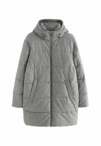 Chaqueta hinchada gris con capucha, diseño acolchado, cierre frontal y dos bolsillos laterales. Fabricada con una tela suave y texturizada.