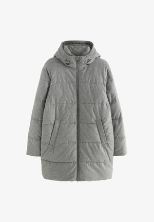 Sivá puffer bunda s kapucňou, prešívaný dizajn, predný zips a dve bočné vrecká. Vyrobená z mäkkej, texturovanej látky.