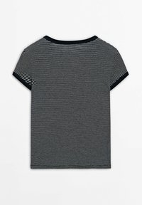 Black and white striped short-sleeve t-shirt with a round neck and contrasting black collar and sleeve cuffs. Soft fabric texture.