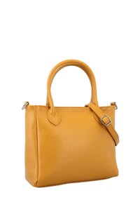 Kollane nahast käekott tekstuuriga viimistlusega, kahe ülemise käepidemega, reguleeritava õlavarrega ning ümarate aktsentidega käepidemete kinnitustes.