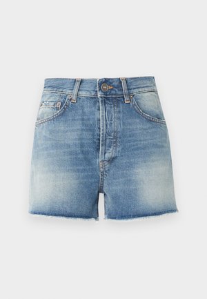 Hellblaue Jeansshorts mit ausgewaschenem Effekt, fünf Taschen, Gürtelschlaufen, Knopfverschluss und unversäuberten Saumkanten.