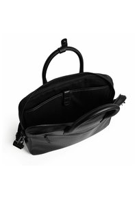 Schwarze Leder-Tasche mit strukturierter Oberfläche, doppelten Griffen und einer Frontreißverschlusstasche. Innen verfügt sie über ein geräumiges Fach und eine Einschubtasche.