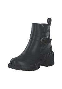 Black leather ankle boots with a chunky heel, featuring a side buckle detail and textured sole for grip. Smooth finish and rounded toe design.