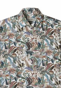 Short-sleeve, button-up shirt featuring a vibrant floral pattern in green, blue, brown, and cream on a white background. Made of lightweight fabric.