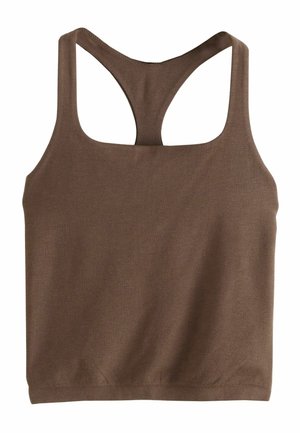 Hnědý bezrukávový crop top s designem racerback a čtvercovým výstřihem, vyrobený z hladké, elastické látky.