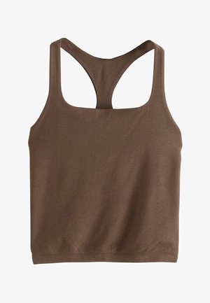 Braunes, ärmelloses Cropped-Top mit Racerback-Design und quadratischem Ausschnitt, hergestellt aus glattem, dehnbarem Stoff.