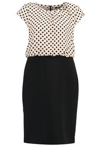 Kleid mit kurzen Ärmeln, beigen Polka-Dots-Oberteil und schwarzem, tailliertem Rock. Es verfügt über einen runden Ausschnitt und einen Reißverschluss an der Rückseite.