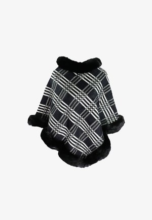 Poncho a scacchi con motivo bianco e nero, dotato di un morbido colletto e bordi in pelliccia sintetica nera, realizzato in un tessuto testurizzato.