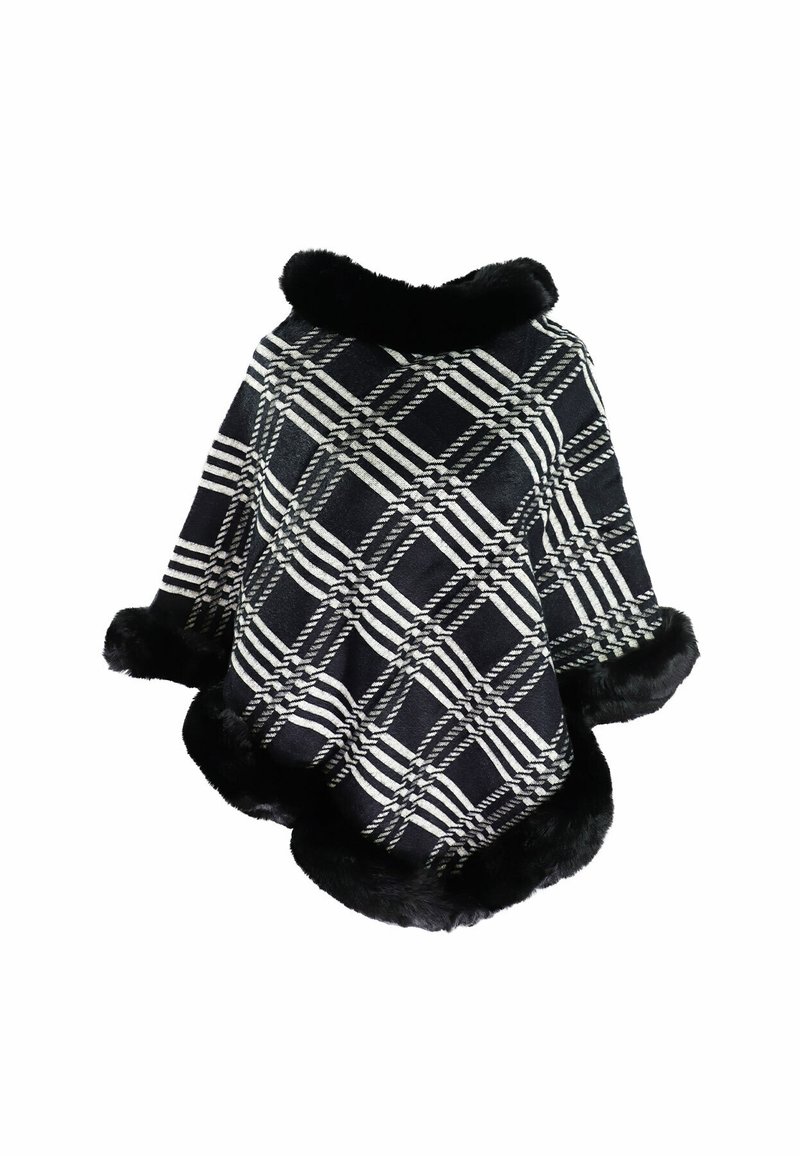 Poncho a scacchi con motivo bianco e nero, dotato di un morbido colletto e bordi in pelliccia sintetica nera, realizzato in un tessuto testurizzato.