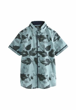 Kortærmet skjorte med knapper i lyseblå med mørke botaniske mønstre, kontrastfarvet krave og manchetter samt en standard pasform.