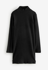 Abito a maniche lunghe con collo a imbuto, di colore nero, realizzato in tessuto a coste. Presenta un collo alto e una silhouette dritta e rilassata.