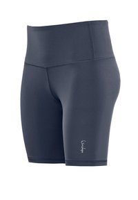 Hoge taille marineblauwe shorts van rekbare stof. Heeft platte naden en een klein logo aan de onderkant links. Soepele textuur en een aansluitend ontwerp.