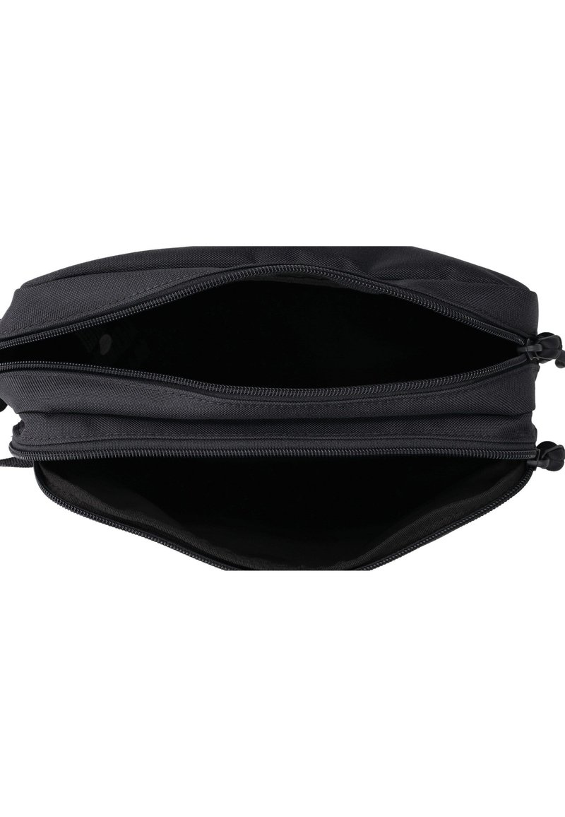 Astuccio nero con zip e due scomparti. Tessuto liscio e resistente; forma rettangolare. L'interno presenta una fodera morbida senza motivo.