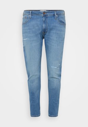 Jasnoniebieskie dżinsy o fasonie slim fit, z przetarciami na kolanie i klasycznym pięciopunktowym stylem. Zapięcie na guzik w talii.