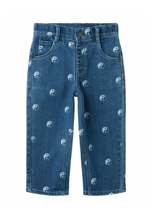 Pantalon en jean bleu avec des symboles yin-yang bleu clair imprimés partout, avec poches avant et fermeture à bouton.