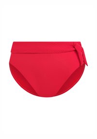 High-waisted red swim bottom with a textured waistband, knotted detail on the left side, smooth fabric, and rounded leg openings.