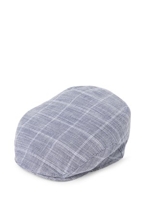 Blue and white checkered cap made of textured fabric, featuring an oval shape with a slightly raised top and stitched detailing.
