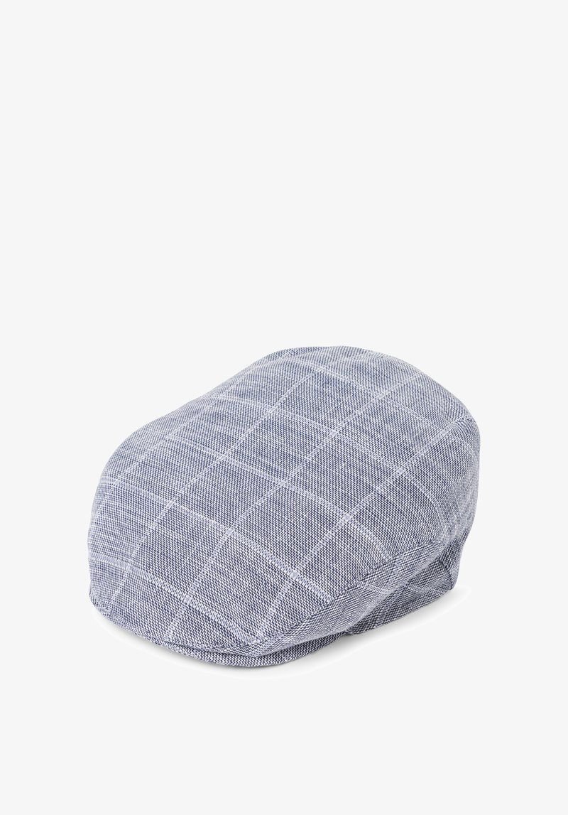 Blau-weiße karierte Kappe aus strukturiertem Stoff, mit ovaler Form, leicht erhöhtem Oberteil und gestickten Details.