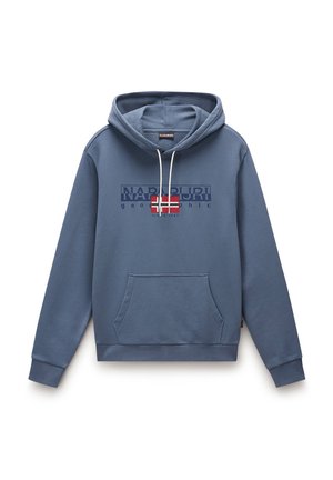 Blue cotton hoodie featuring a front pocket, drawstring hood, and a graphic design with "NAPAPIJRI" and a Norway flag. Smooth texture.